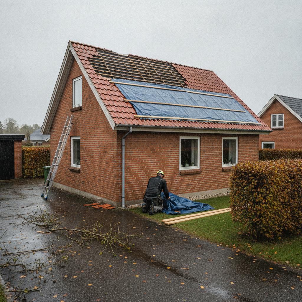tømrer, tagdækker, stormskade, stormskader, tagskade, akut sikring, midlertidig afdækning, presenning, tag, tagsten, løse tegl, udendørs, parcelhus, mursten, tagkonstruktion, regnvejr, oprydning, skadebegrænsning, forsikring, dokumentation, renovering, byggeplads, hus, bolig, håndværker