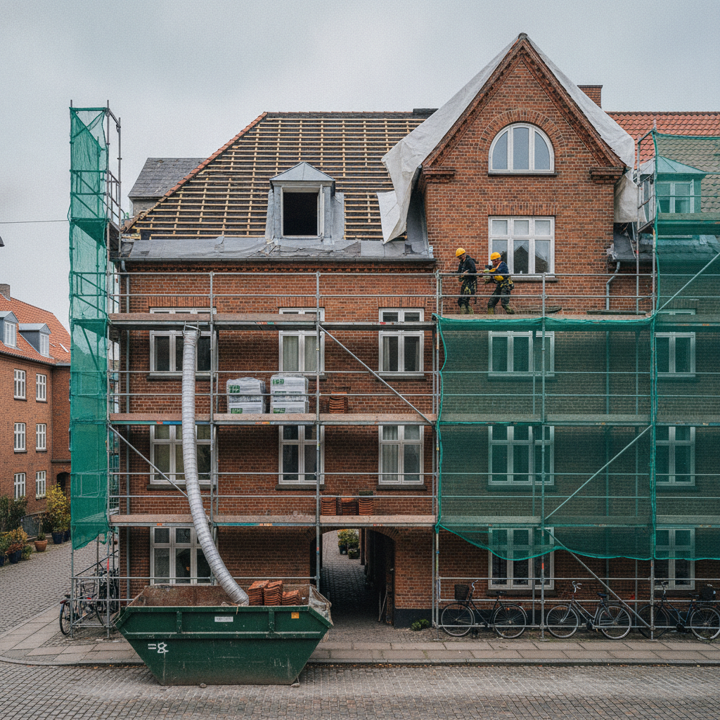 tagdækker, tagrenovering, tagudskiftning, ejerforening, etageejendom, udendørs, stillads, sikkerhed, midlertidig overdækning, undertag, inddækninger, ventilation, teglsten, mursten, byggeplads, renovering, tilbud, pris, projektstyring, dansk by, gårdmiljø, hus, bolig, håndværker