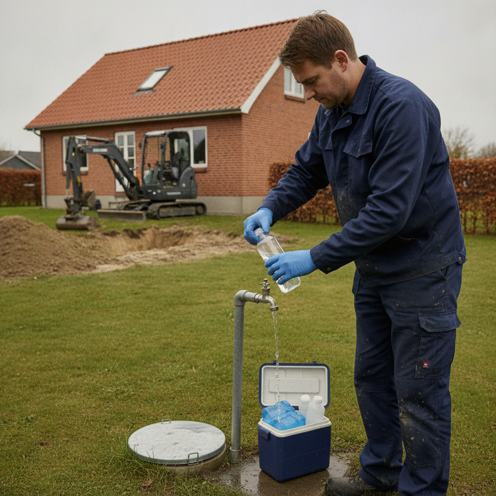 brøndborer, vandboring, vandprøve, vandtest, drikkevand, grundvand, vandkvalitet, analyse, laboratorieprøve, udendørs, byggeplads, jordarbejde, gravearbejde, dræn, dokumentation, parcelhus, villagrund, mursten, rødt tegltag, brønddæksel, prøveflaske, sikkerhed, vedligeholdelse, pris, tilbud, hus, bolig, håndværker