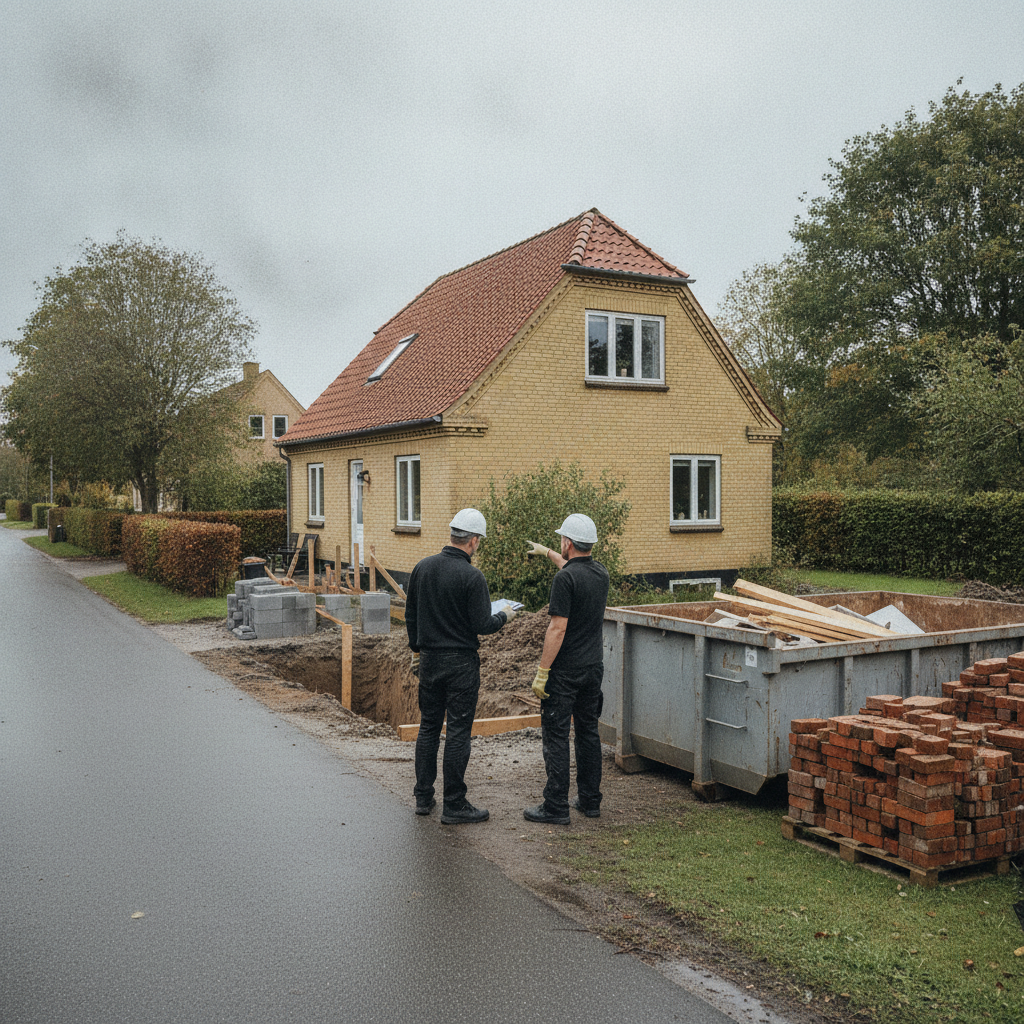 entreprenør, tilbygning, nedrivning, nybyg, beslutningsguide, udendørs, parcelhus, dansk forstad, mursten, rødt tegltag, fundament, udgravning, byggeplads, byggeregler, byggetilladelse, rådgiver, ingeniørvurdering, miljøscreening, affaldssortering, renovering, risiko, pris, tilbud, hus, bolig, håndværker