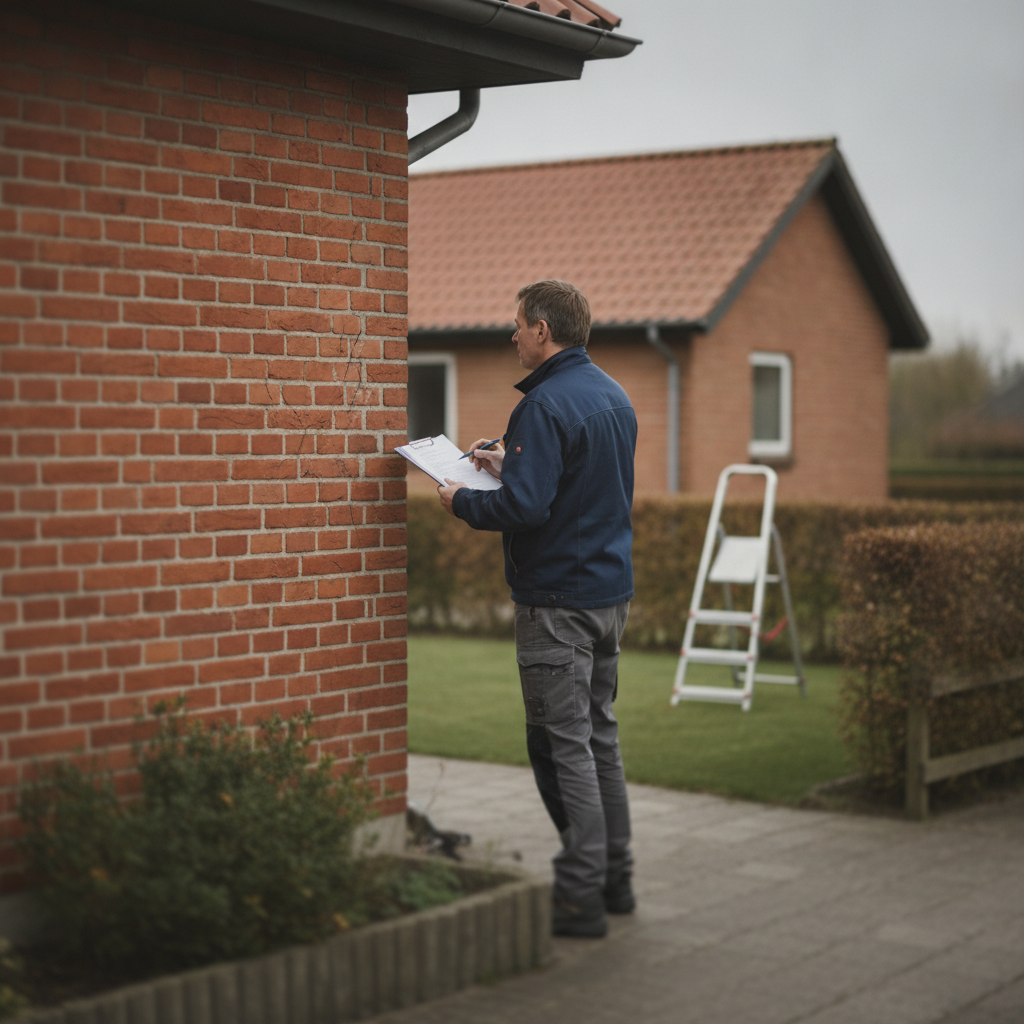 byggesagkyndig, tilstandsrapport, huseftersyn, boliggennemgang, vurdering af skader, un undersøges nærmere, renoveringsplanlægning, udendørs, parcelhus, dansk villavej, mursten, murværk, revner i facade, tag, tagsten, tagets restlevetid, vedligeholdelse, boligkøb, ejerskifte, professionel, byggeinspektion, hus, bolig, håndværker
