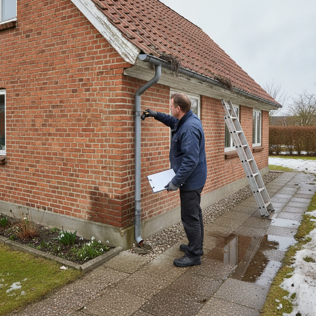 bygningssagkyndig, huseftersyn, vintertjek, vinterskader, udendørs, parcelhus, mursten, sokkel, revner i mur, fugt, fugtskade, tagrender, nedløbsrør, tagsten, facade, vedligeholdelse, inspektion, dokumentation, tidligt forår, overskyet vejr, dansk villavej, hus, bolig, håndværker