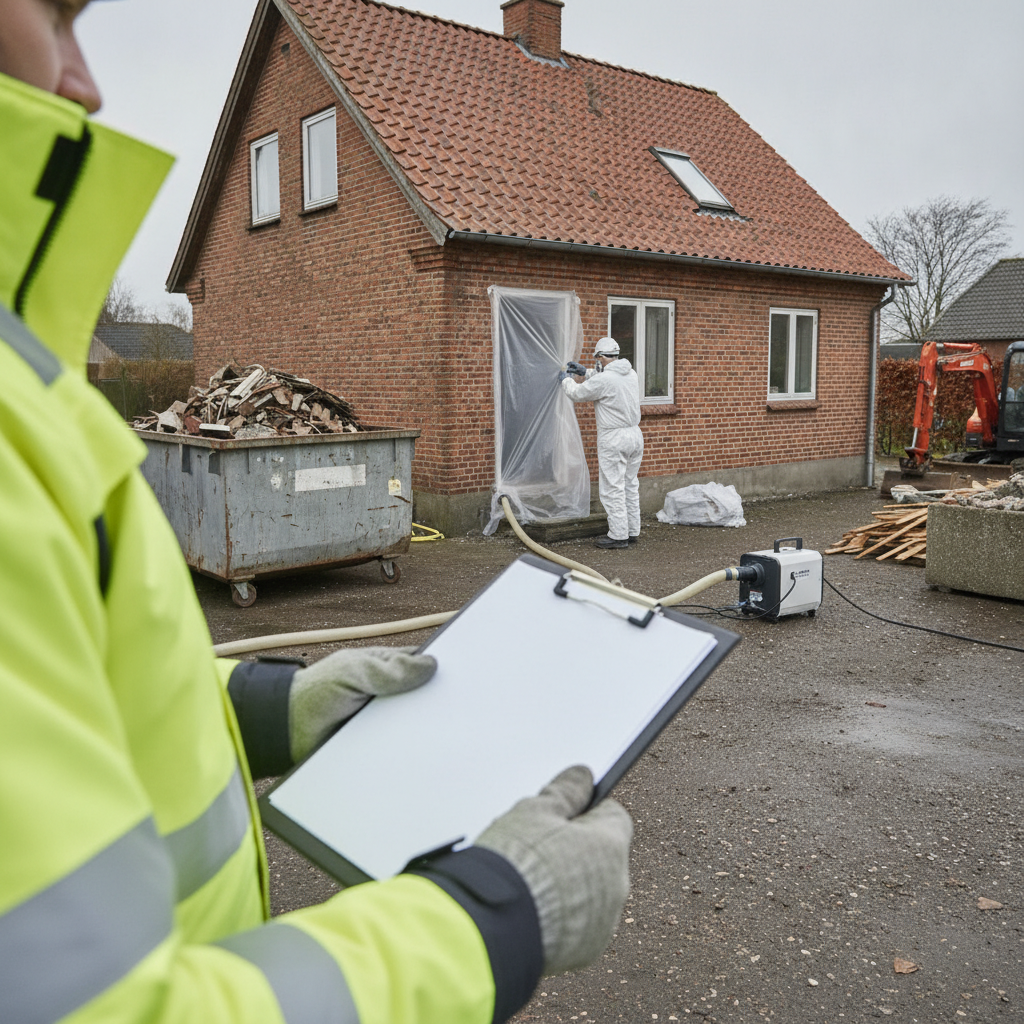 nedrivningsfirma, totalentreprise, nedrivning, sanering, miljøsanering, asbest, pcb, kontrakt, ansvar, tilbud, pris, udendørs, byggeplads, parcelhus, villa, mursten, tagsten, plastafdækning, værnemidler, affaldssortering, container, entreprenør, projektledelse, hus, bolig, håndværker
