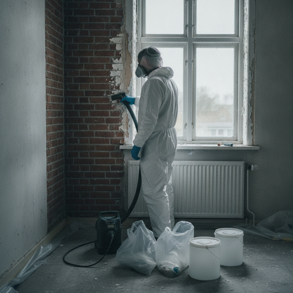 nedrivning, sanering, miljøscreening, tungmetaller, blymaling, cadmium, krom, kviksølv, forurenet byggeaffald, affaldssortering, prøvetagning, sikkerhed, værnemidler, støvkontrol, hepa støvsuger, selektiv nedrivning, indendørs, renovering, ældre hus, murstensvilla, vinduesramme, arbejdsmiljø, byggeri, hus, bolig, håndværker