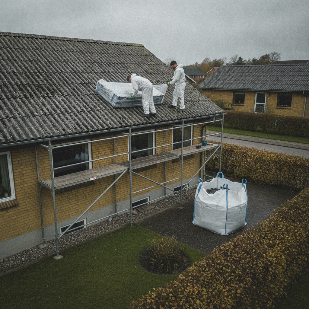 tagdækker, asbesttag, udskiftning af asbesttag, asbestsanering, tagrenovering, udendørs, parcelhus, dansk forstad, bølgeeternit, fibercement, tagplader, stillads, sikkerhed, ppe, affaldshåndtering, deponi, byggeplads, professionel, renovering, pris, tilbud, hus, bolig, håndværker