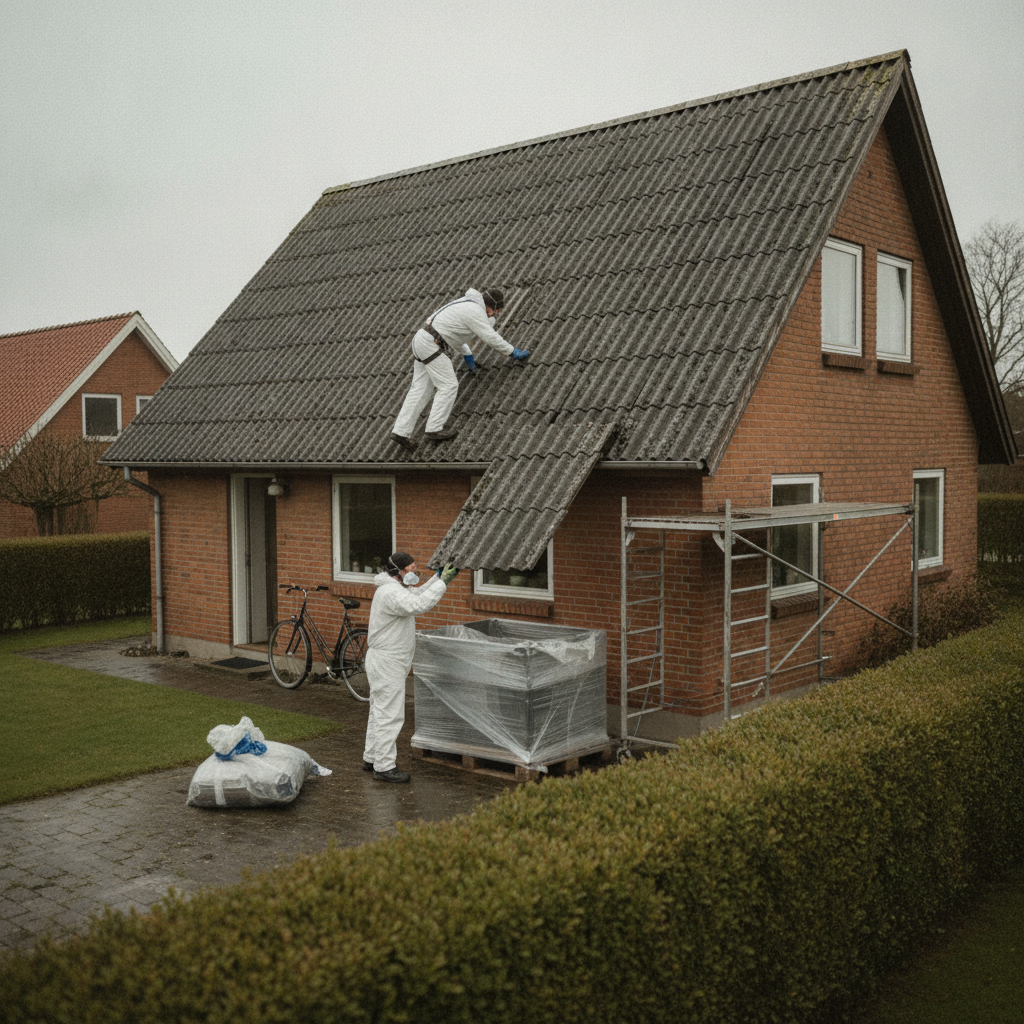 tagdækker, tagudskiftning, asbesttag, asbestsanering, miljøscreening, asbestprøve, affaldshåndtering, farligt affald, udendørs, parcelhus, ældre hus, mursten, bølgeeternit, stillads, sikkerhed, værnemidler, nedtagning, renovering, byggeplads, dokumentation, pris, tilbud, hus, bolig, håndværker
