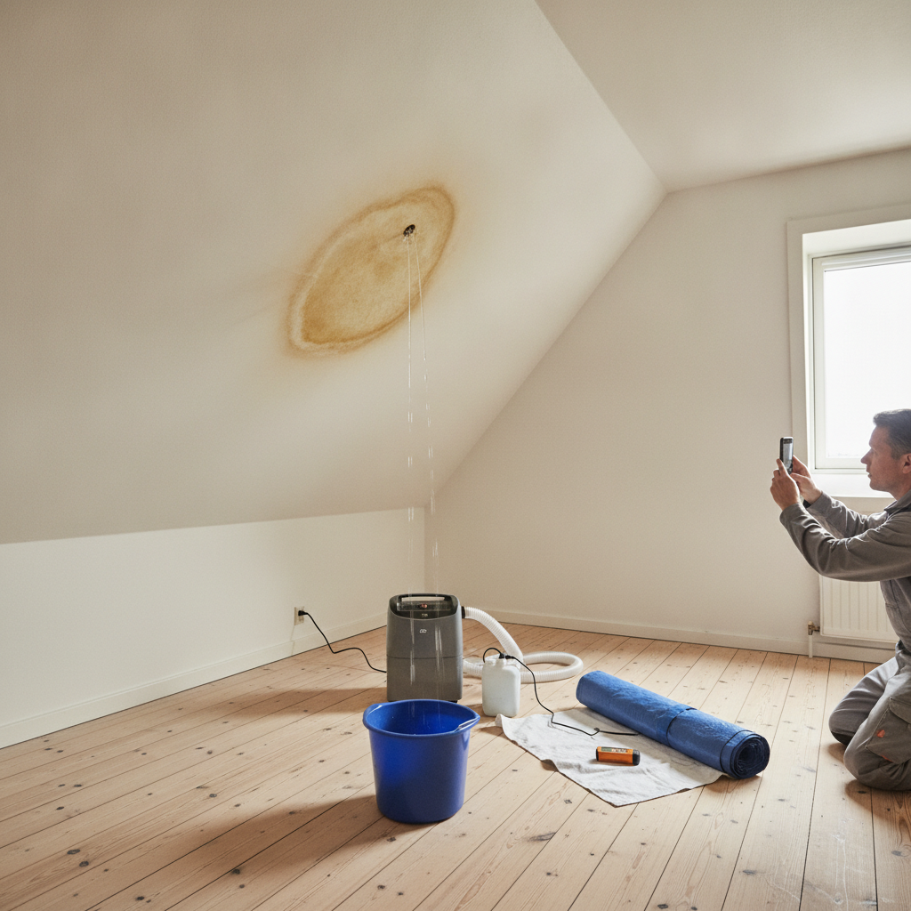 tømrer, skadeservice, vandskade, vandskade på loft, loftsskade, fugtskade, skimmelrisiko, fugtmåling, dokumentation, forsikring, affugtning, indendørs, tagetage, loft, gipsloft, isolering, dampspærre, taglækage, kondens, renovering, byggeplads, dansk hjem, hus, bolig, håndværker