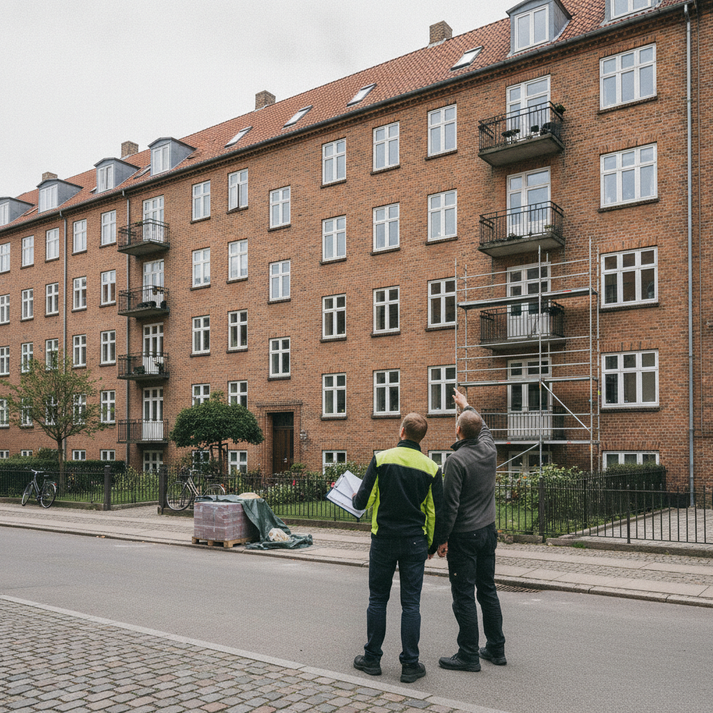 byggerådgiver, vedligeholdelsesplan, ejerforening, ejendom, bygningsgennemgang, tilstandsvurdering, prioritering, budget, pris, tilbud, renovering, udendørs, etageejendom, københavn, mursten, tegltag, facade, vinduer, stillads, professionel, planlægning, hus, bolig, håndværker