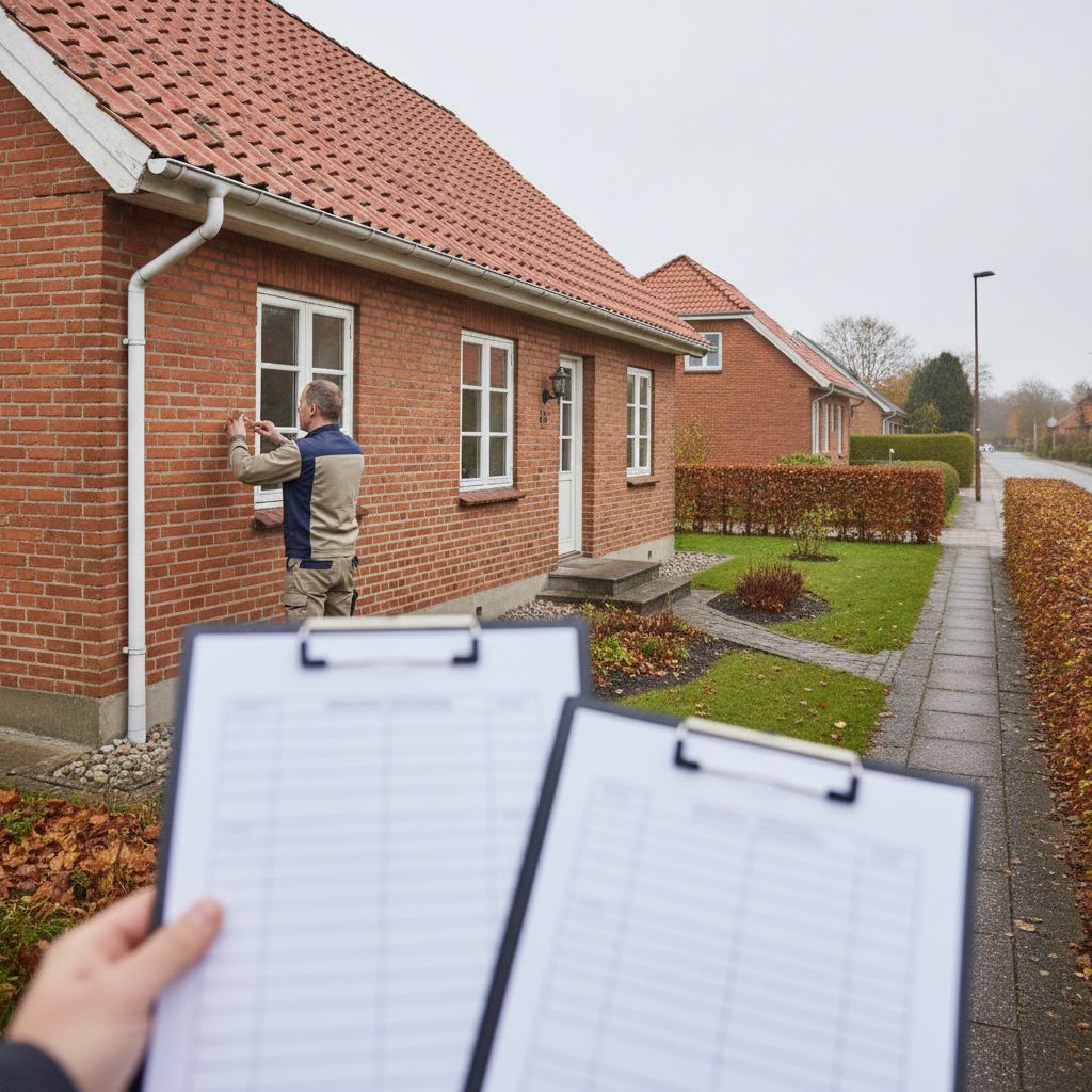 byggesagkyndig, vedligeholdelsesplan, huseftersyn, tilstandsvurdering, budget, planlægning, udendørs, parcelhus, dansk forstad, mursten, tegltag, tagrender, facade, vinduer, revner i murværk, fuger, efterår, overskyet, vedligeholdelse, renovering, professionel vurdering, hus, bolig, håndværker