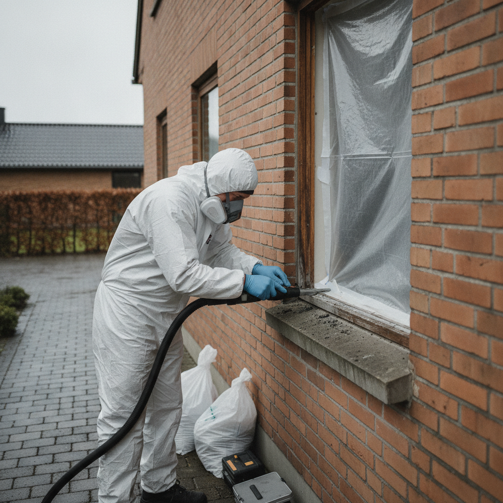 tømrer, vinduesudskiftning, pcb-fuger, sanering, udendørs, parcelhus, 70erhus, mursten, vindueskarm, fuge, demontering, afskærmning, værnemidler, støvkontrol, hepa støvsuger, affaldshåndtering, farligt affald, miljøscreening, prøvetagning, renovering, professionel, byggeplads, hus, bolig, håndværker, pris, tilbud